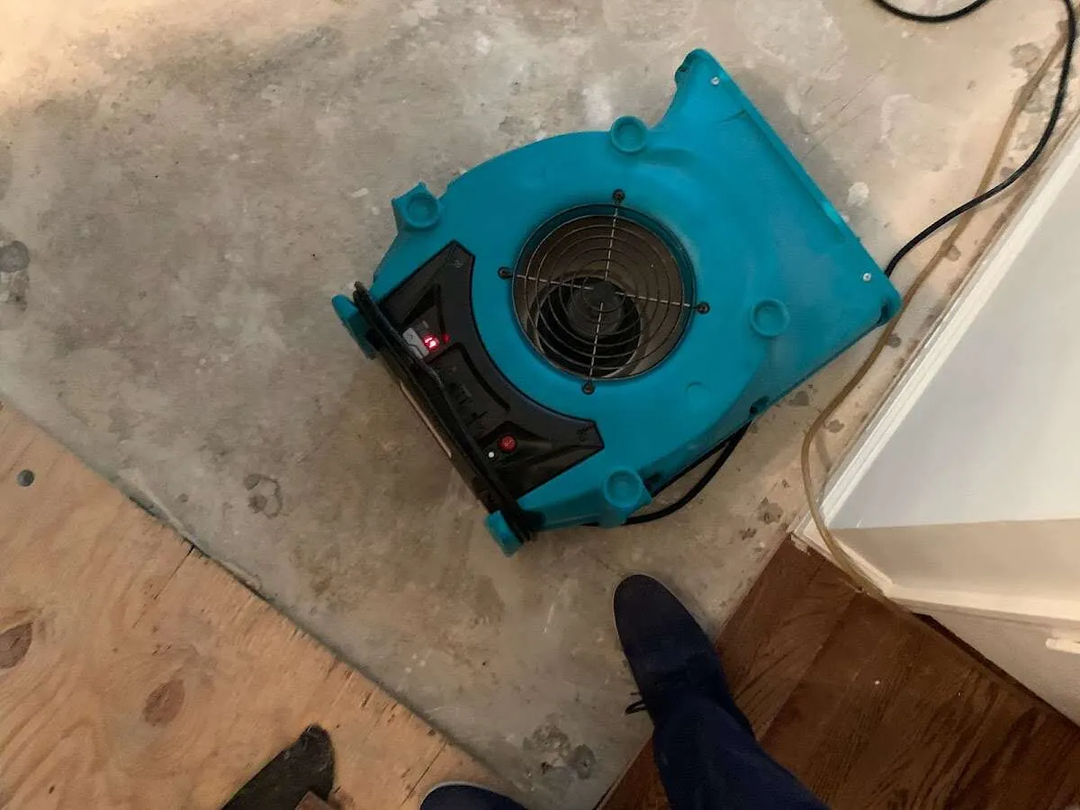 Air mover drying subfloor during Commercial Water Damage Restoration in Fountain Inn